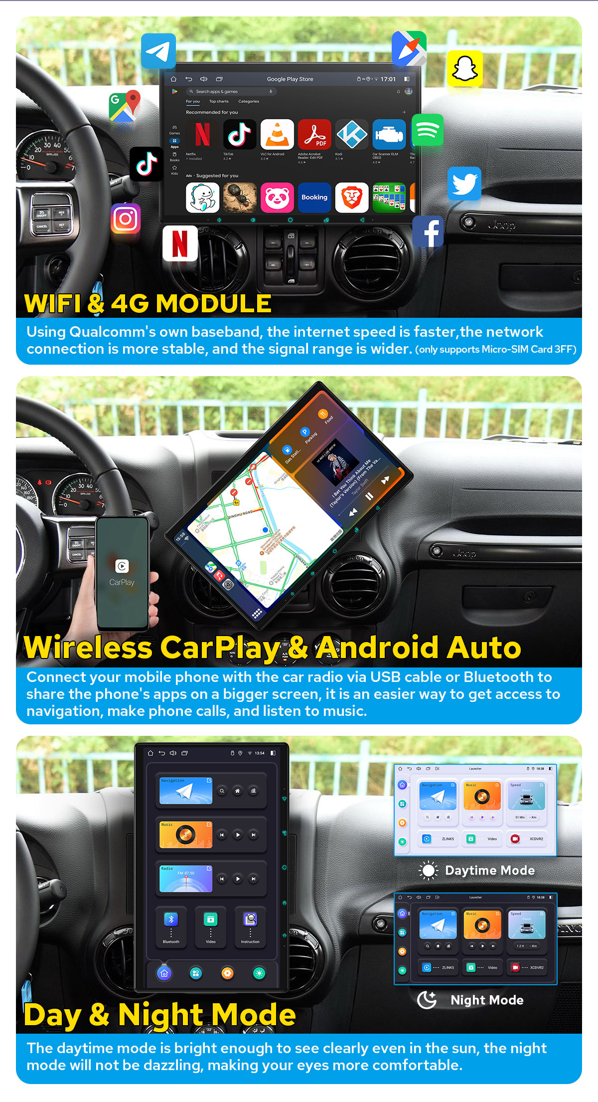 HD 15.1inch Rotatable Screen 1DIN Car Stereo Universal GPS CarPlay/Android Auto  