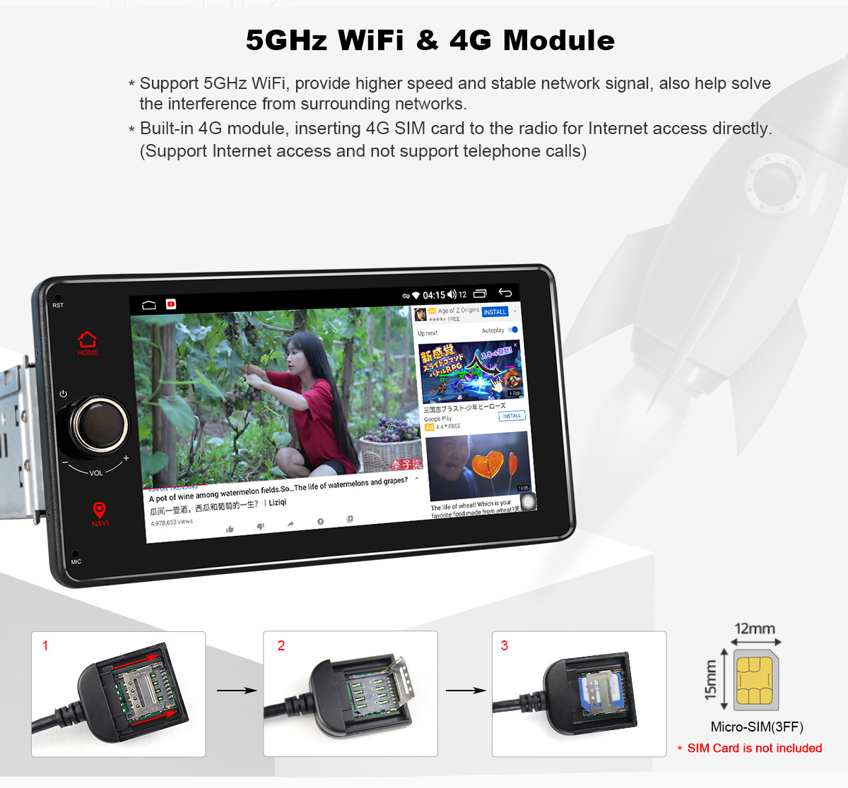  6.2 Inch 5Ghz WIFI and 4G module 1 Din